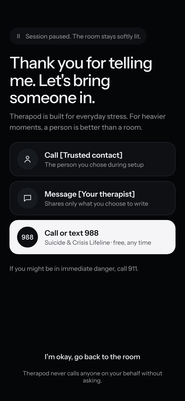 App screen: Thank you for telling me. Let's bring someone in. Options to call a trusted contact, message a therapist, or call or text 988