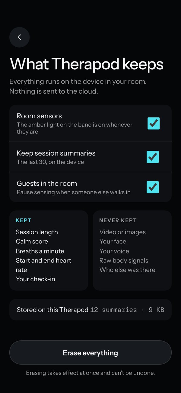 App screen: What Therapod keeps and what it never keeps, with Erase everything