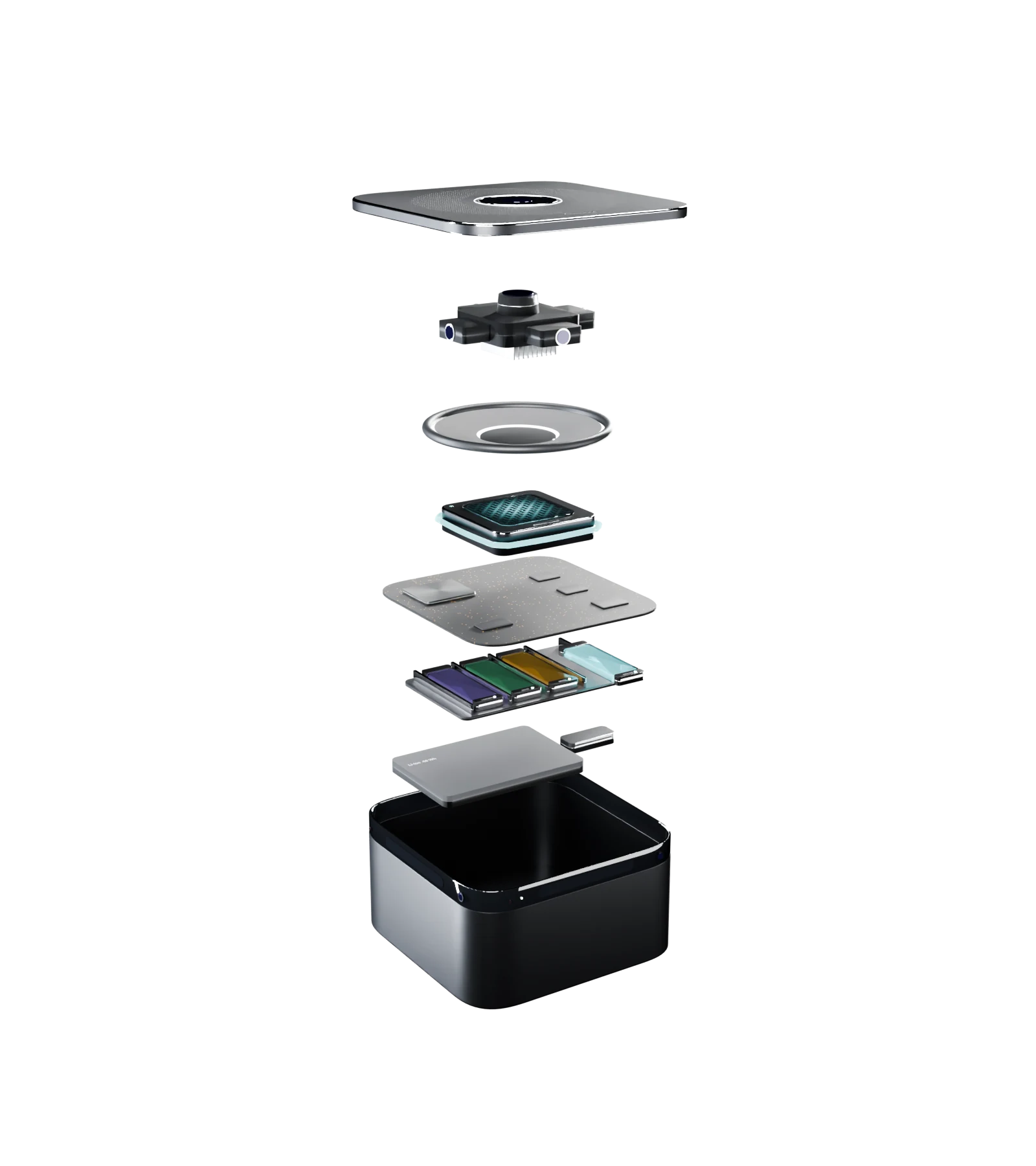 Therapod pulled apart into its layers: lid, light engine, speaker, T1 AI engine, logic board, fluid cells, battery and body