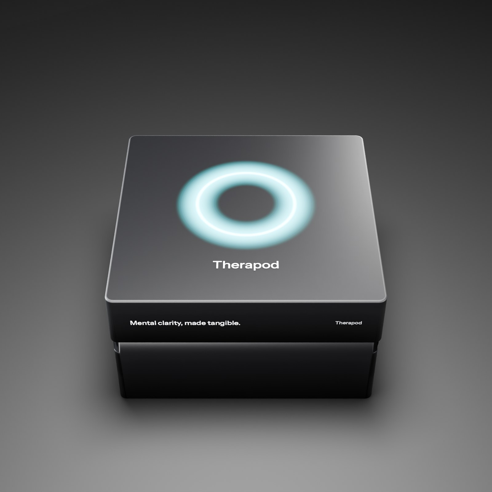 The box from above: the ring of light and the Therapod wordmark; the side reads Mental clarity, made tangible