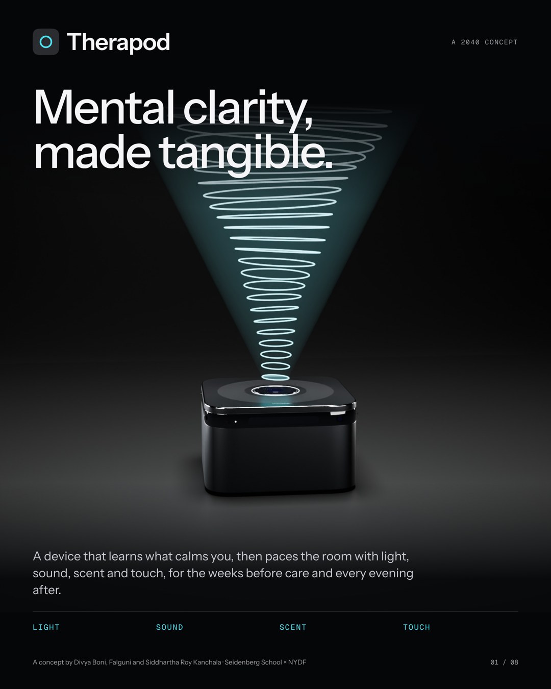 Poster: Therapod, Mental clarity made tangible. Light rises from the device in a spiral