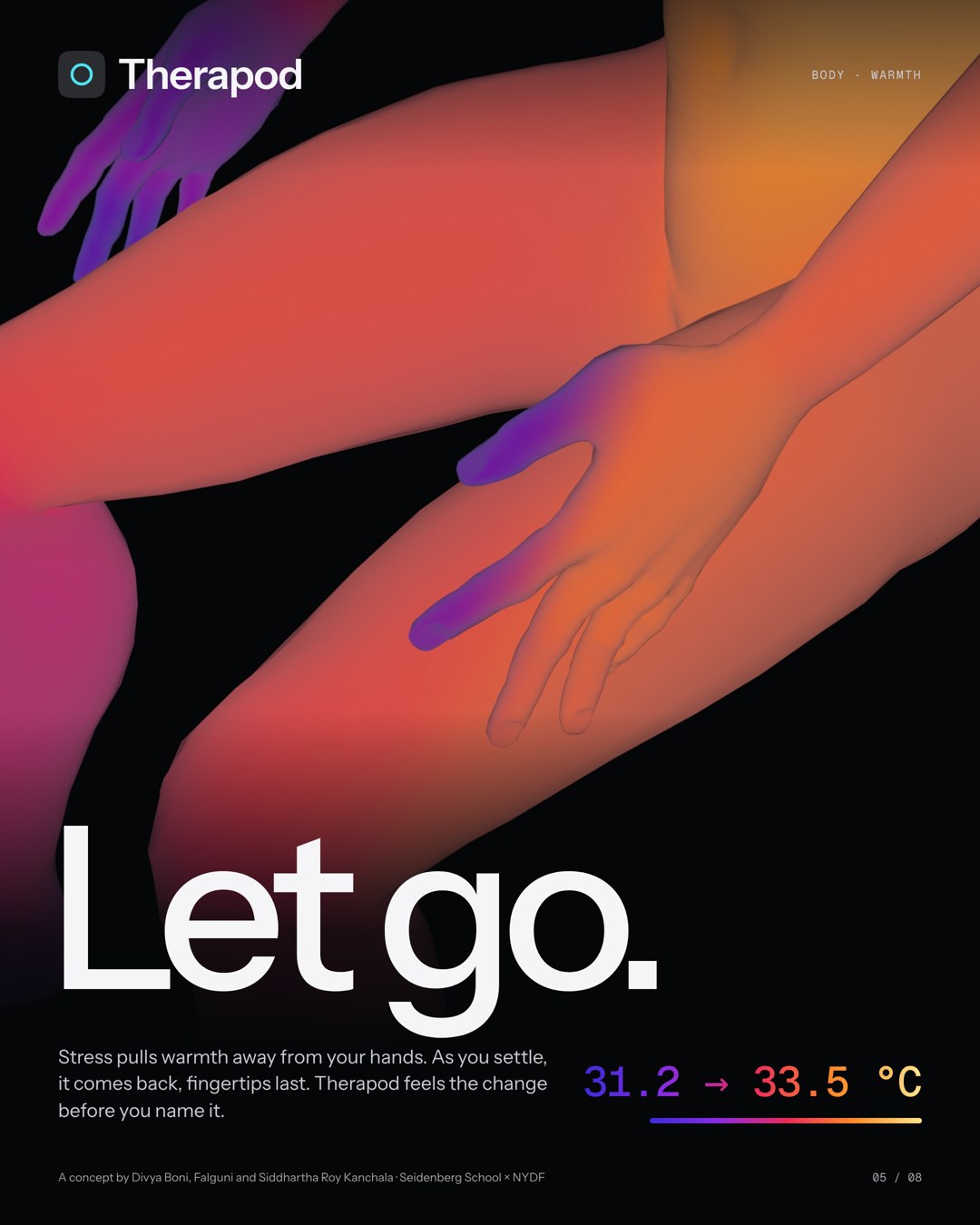 Poster: Let go. Close-up of thermal hands warming from cool purple to warm orange; 31.2 to 33.5 °C