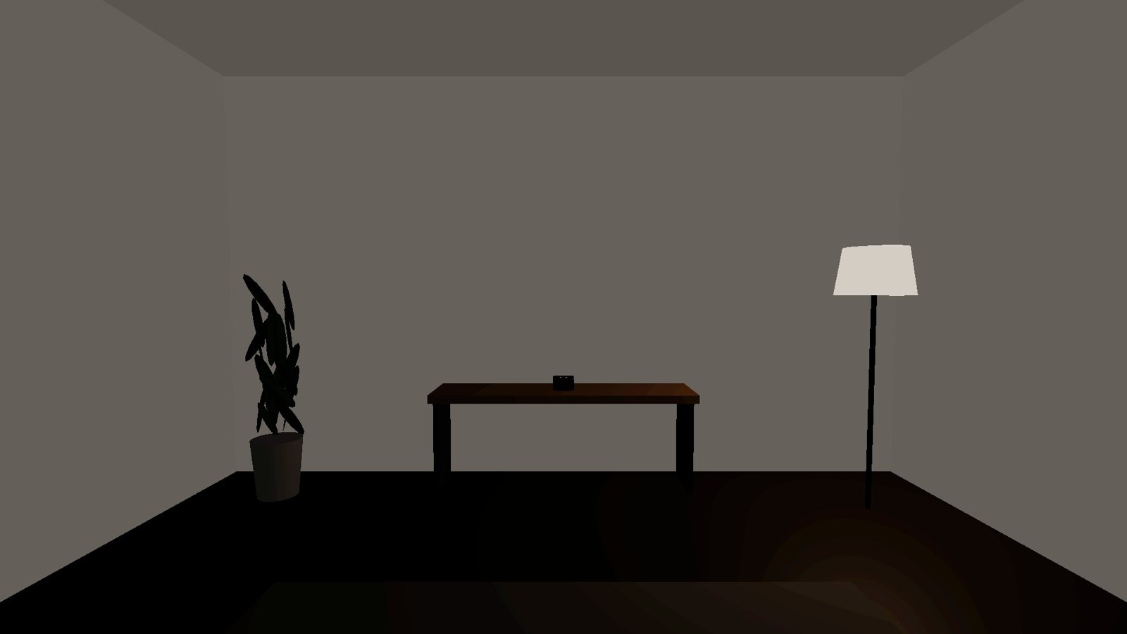 A dim living room with a lamp on, Therapod on the console